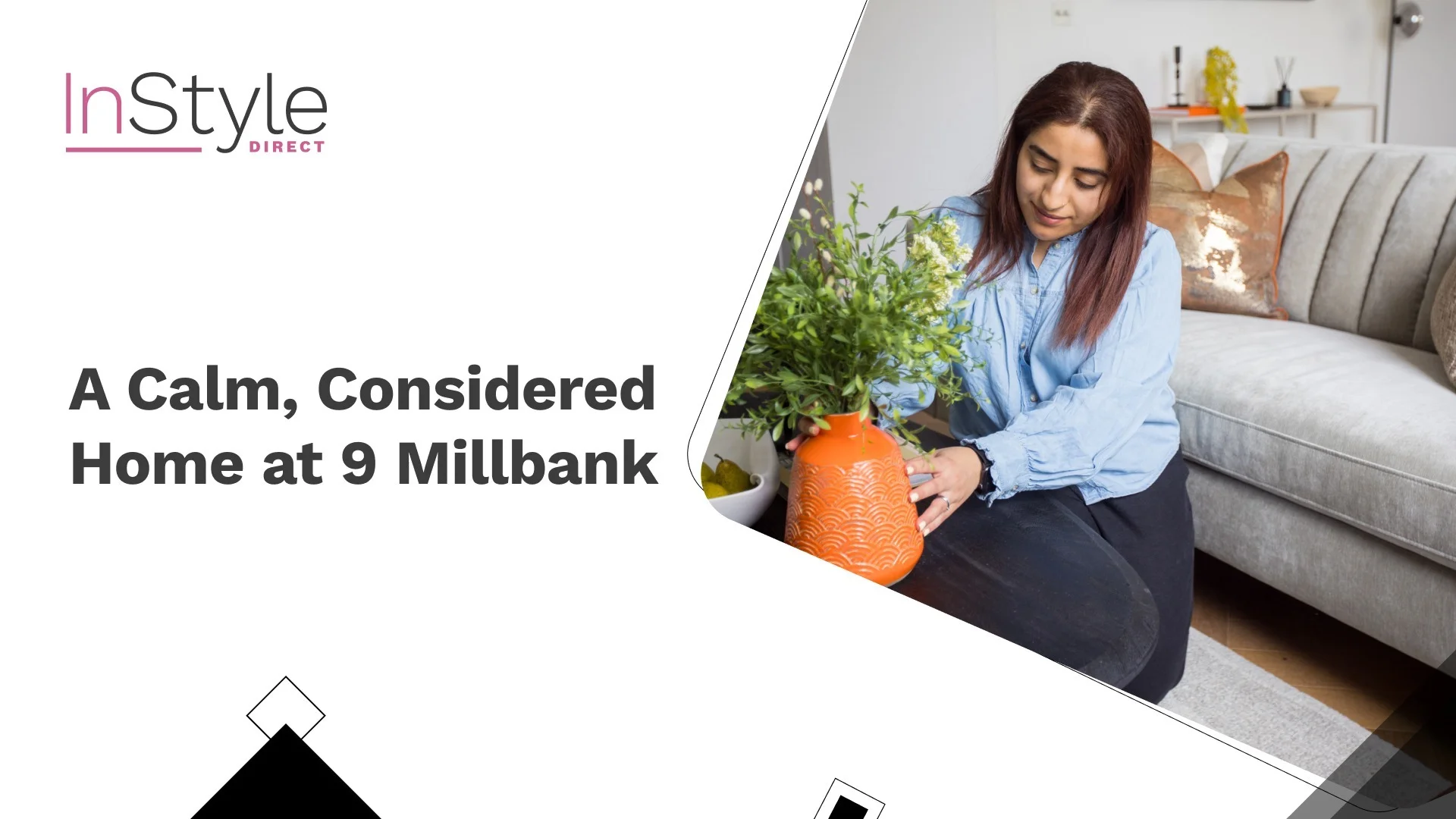 Woman arranging flowers in a vase on a coffee table in a stylishly furnished living room at 9 Millbank
