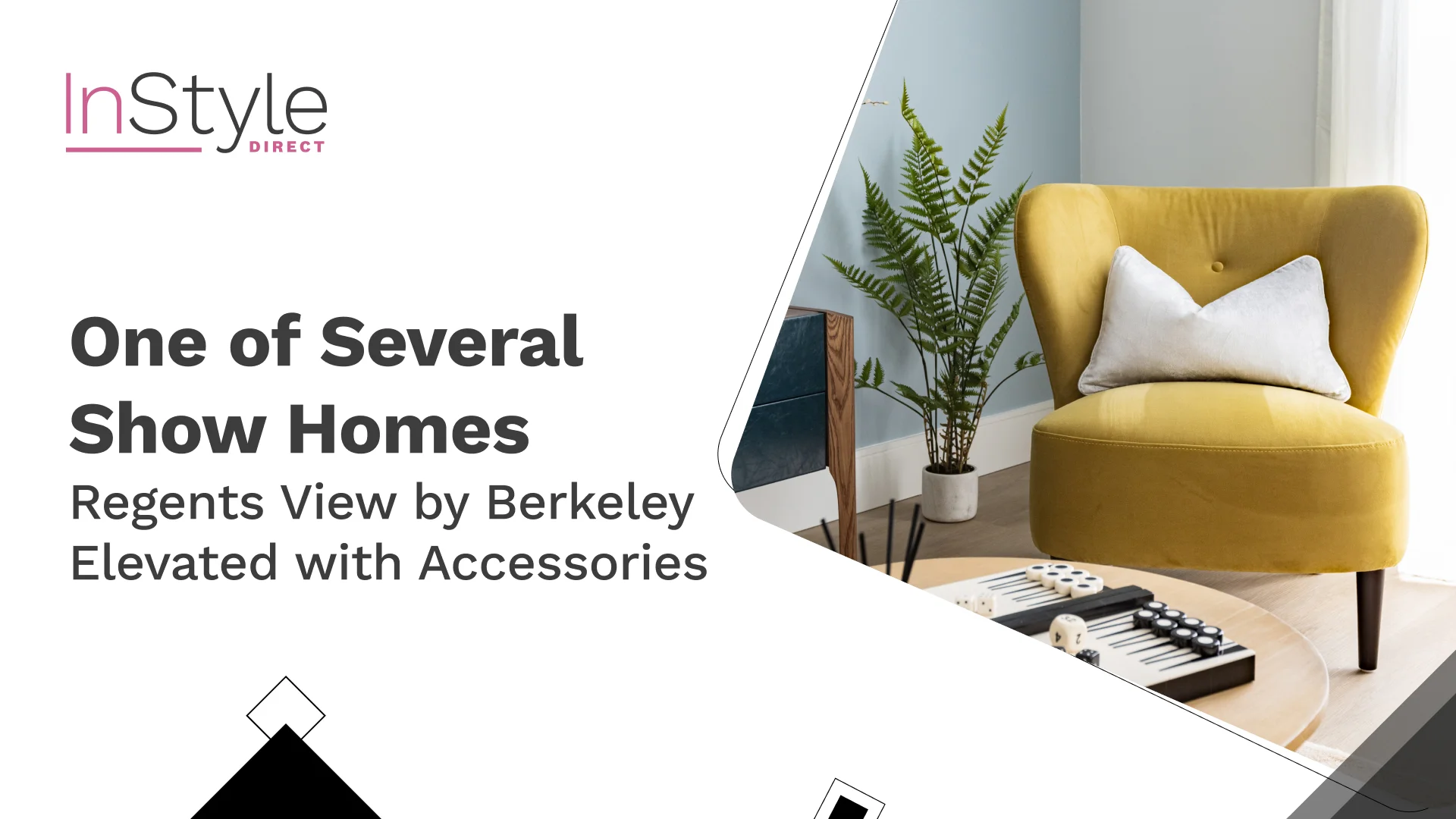 Regents View by Berkeley show home featuring a mustard yellow accent chair, decorative cushion, indoor fern plant, and contemporary coffee table accessories in a stylish living space.