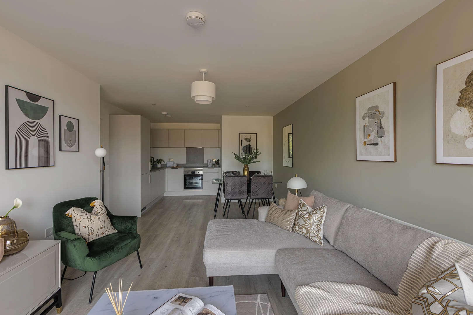 Furnished living room at London Square Watford Residence Four with upgraded Gold furniture package.