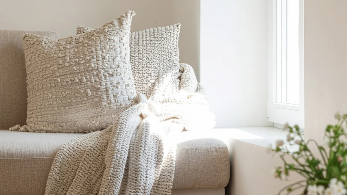 Bright Airbnb living room with a neutral sofa, textured cushions and knitted throw beside a sunlit window