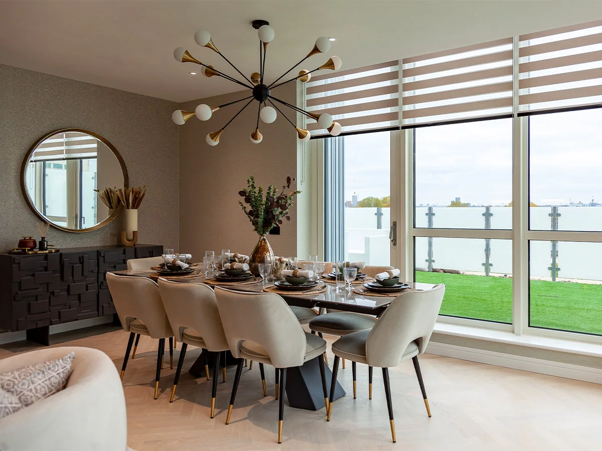 Custom zebra blinds in modern dining space with contemporary interior styling