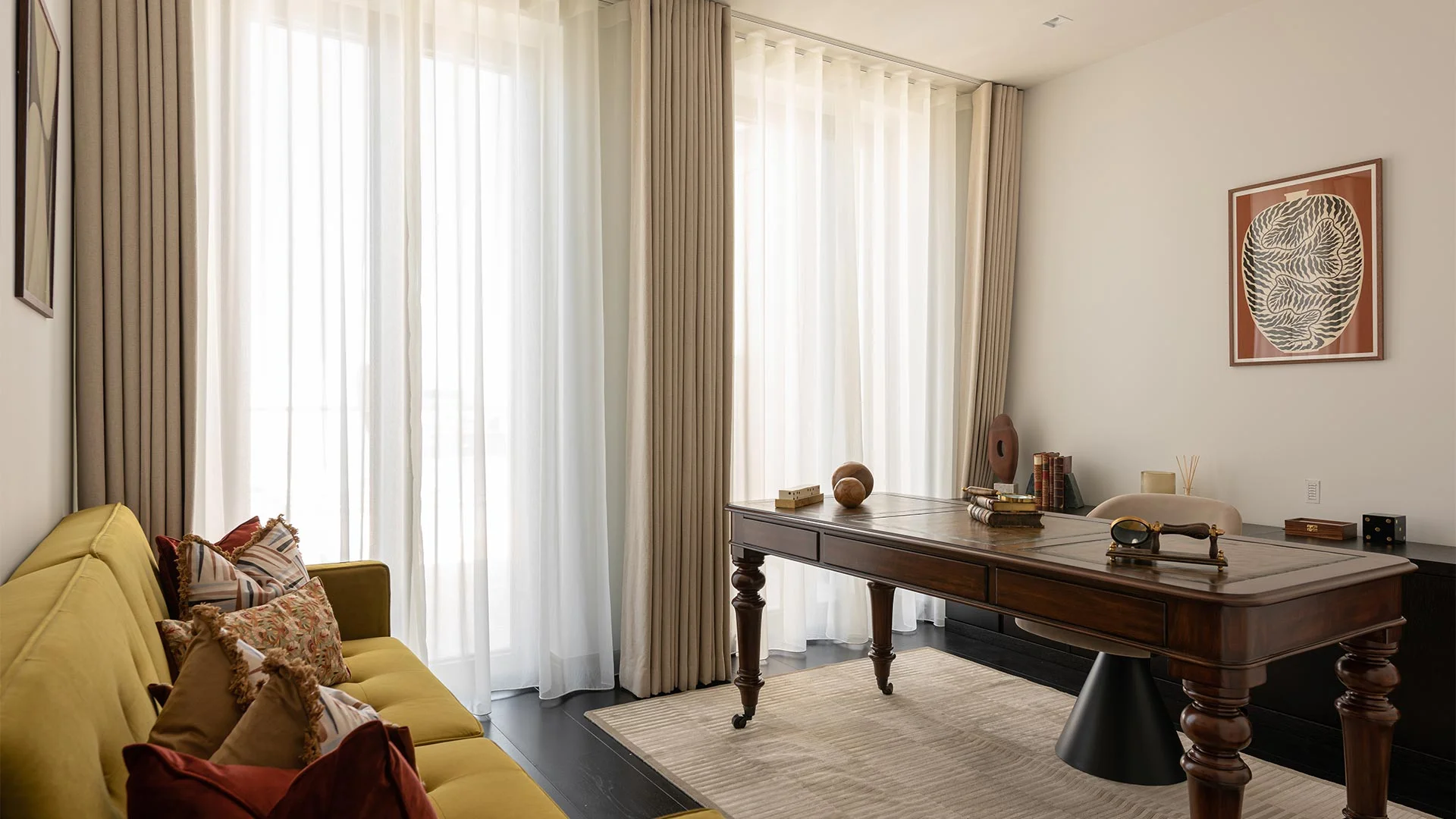 Luxury bespoke curtains in home office space with full height window styling