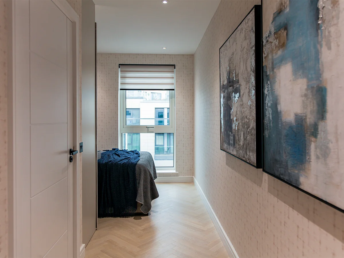  Modern roller blinds in contemporary apartment bedroom with natural daylight