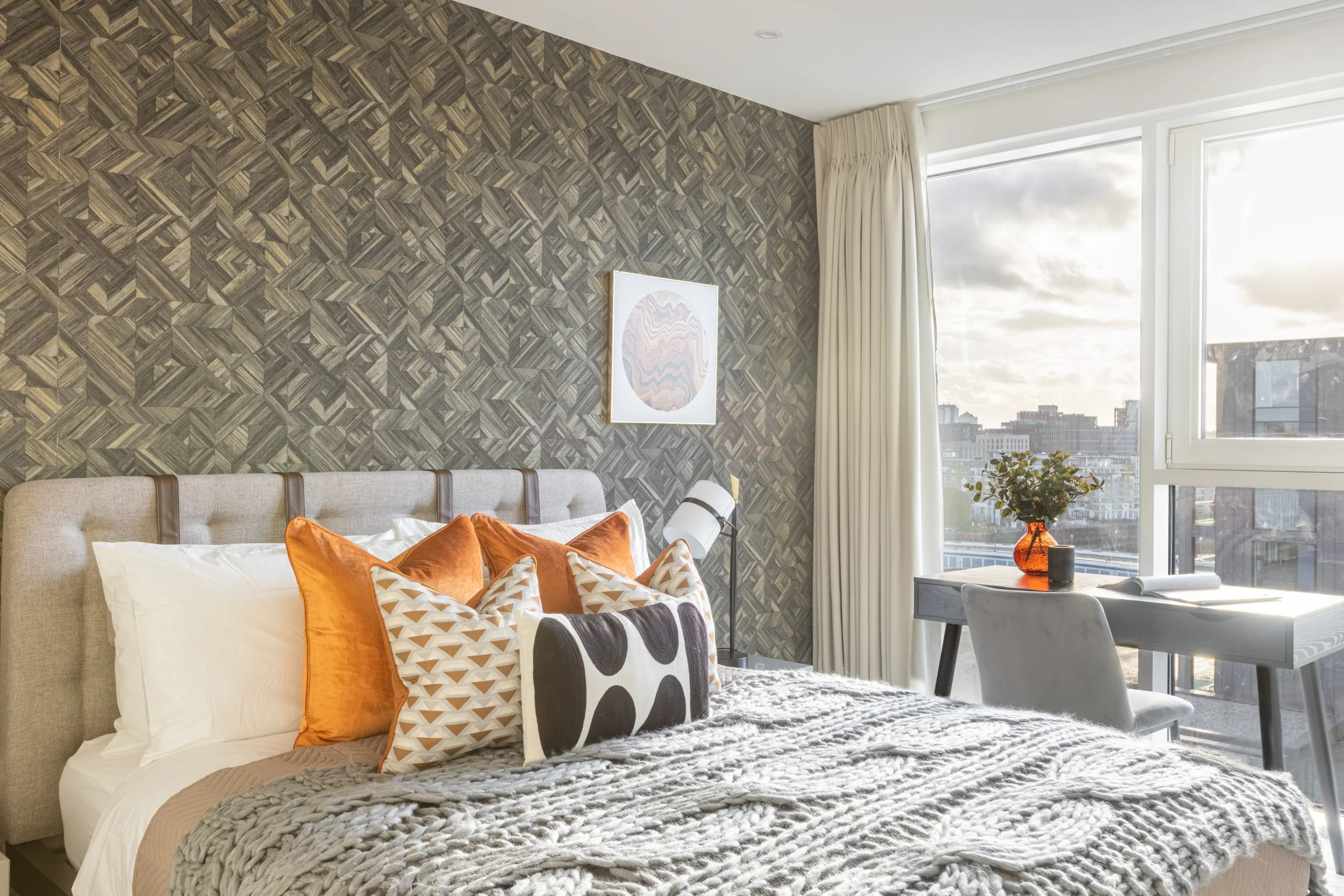 Professionally styled bedroom in London PRS rental property with modern furniture and soft furnishings