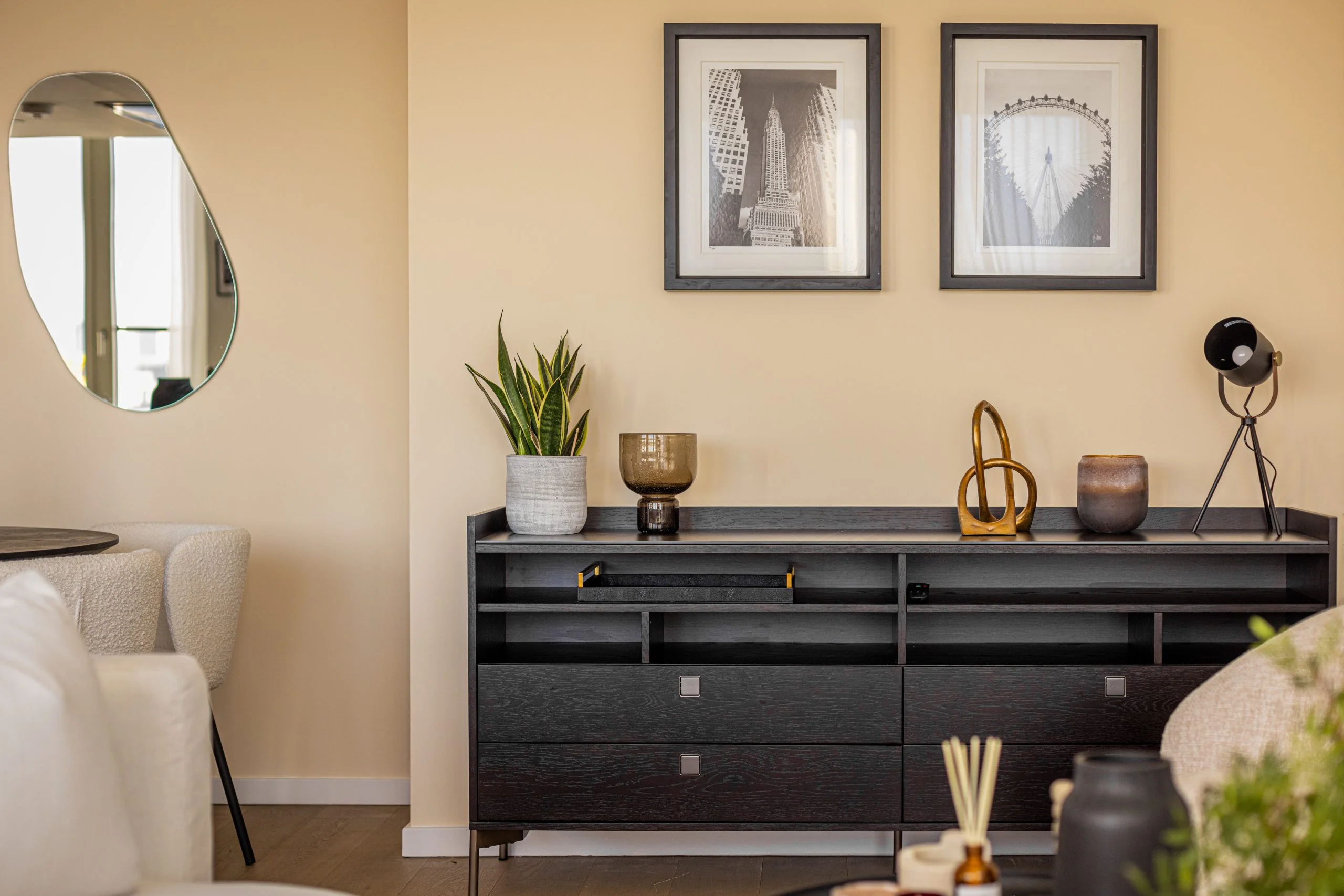Interior styling detail in Southbank PRS apartment showcasing modern furniture and decorative accessories