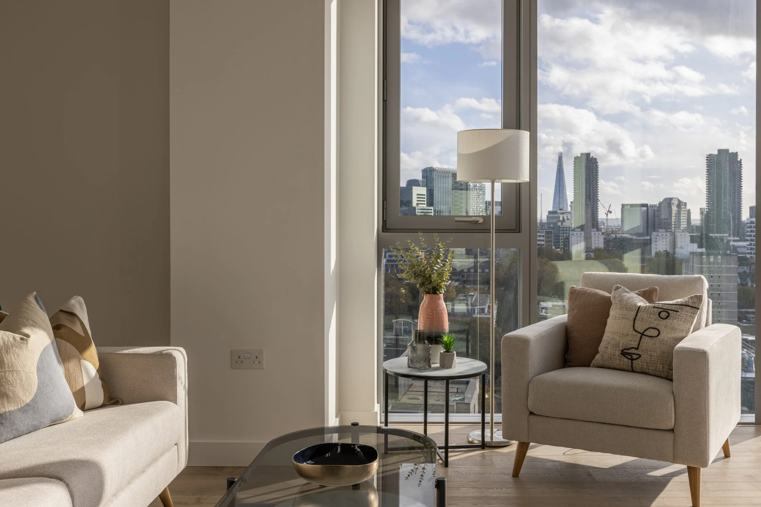 Stylish PRS apartment interior in Valencia Tower London with skyline views and contemporary furniture